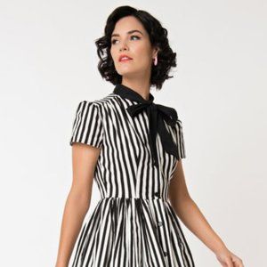 Unique Vintage 1950s Black and White Striped Dress